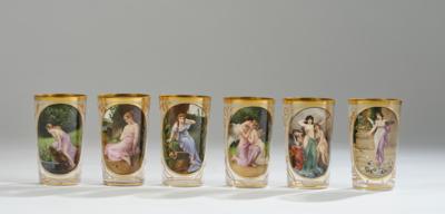 Sechs Gläser mit Golddekor und symbolistischen Motiven, um 1890/1900 - Kleinode des Jugendstils & Angewandte Kunst des 20. Jahrhunderts