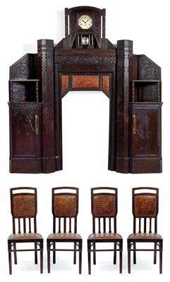 Gian Battista Gianotti, A fireplace surround with a clock and four chairs, - Jugendstil e arte applicata del XX secolo