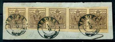 Briefstück - Lombardei Nr. 4HIII im waagrechten FÜNFERSTREIFEN aufBriefstück, - Briefmarken und Ansichtskarten